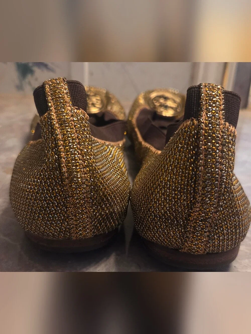 Tory Burch Metallic Gold Glitter Ballet Flats with Logo Medallion